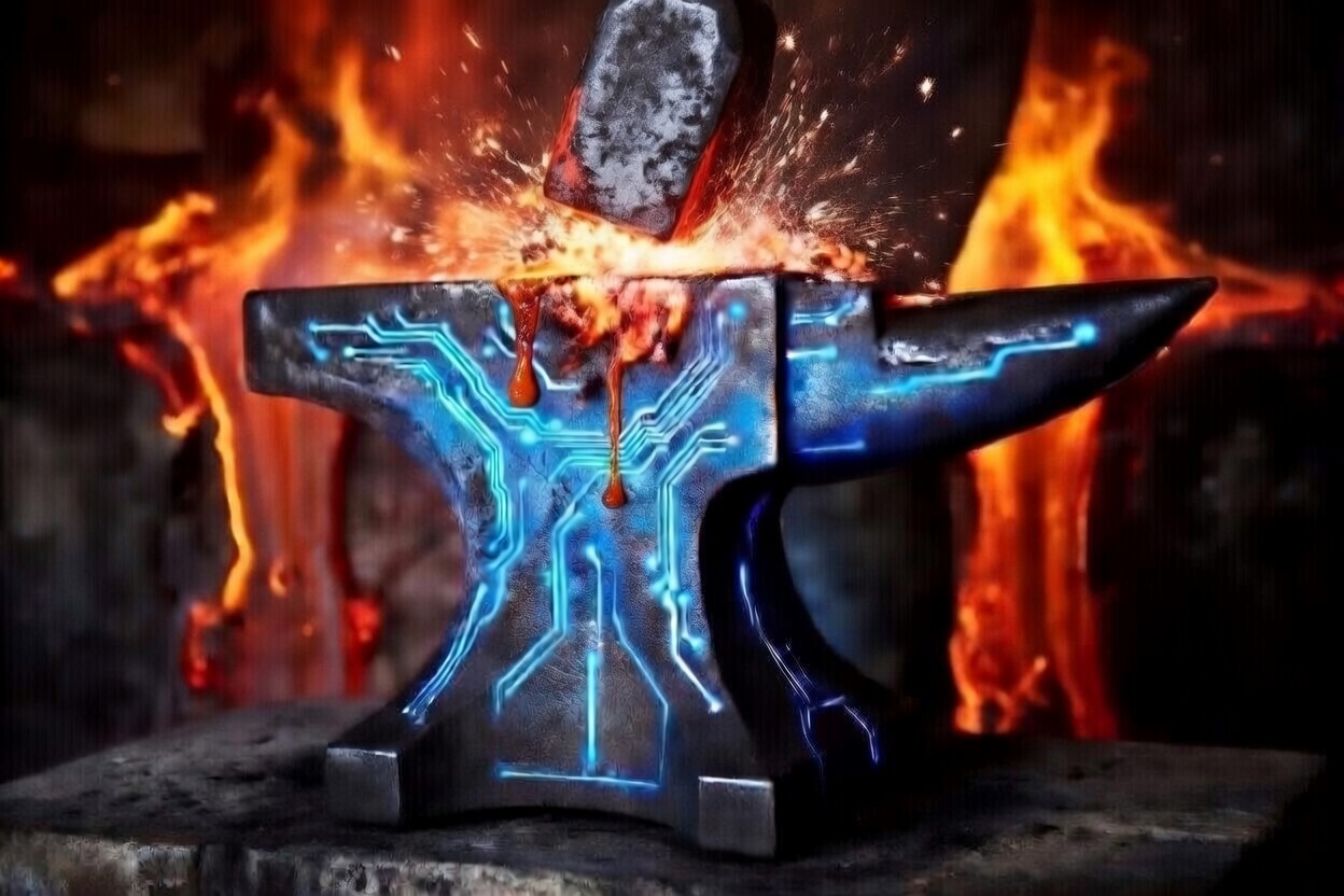 Glowing circuit-board anvil being struck — the AI Info Forge mark